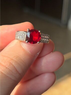 New Silver Ring with Round Red Gemstone and Pavé Accents Adjustable Ring